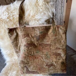 Handmade Beautiful Fabric Lined Tote Bag. Measurements 14”x 16” and 4” wide.